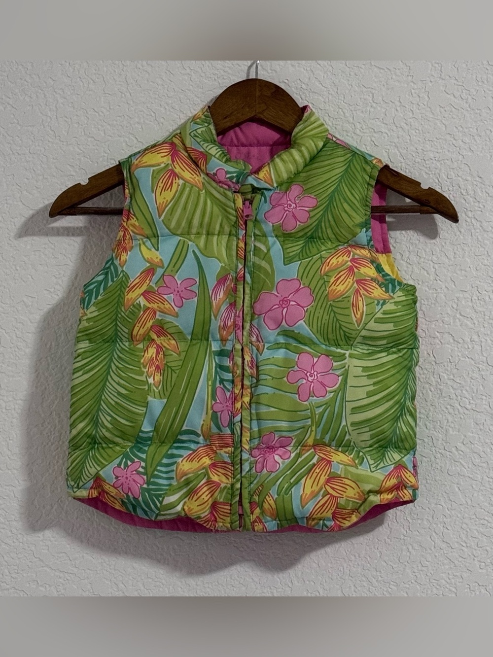 Lilly Pulitzer Girls Tropical Floral Puffer Vest - Pink & Green